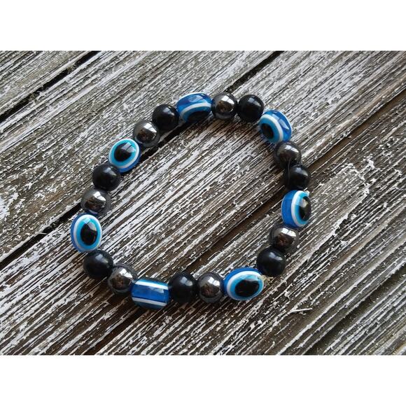 Vintage Black and Blue Glass Bead Bangle Bracelet,  Classic Stacking Bracelets, - Picture 1 of 8